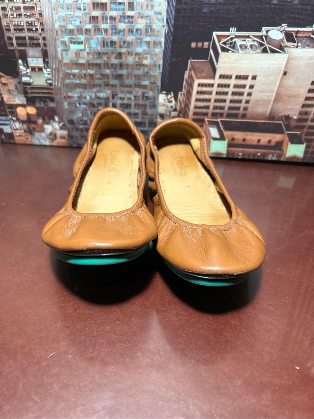 Tieks Brown Leather Ballet Flats with Teal Stitching - Picture 6 of 7